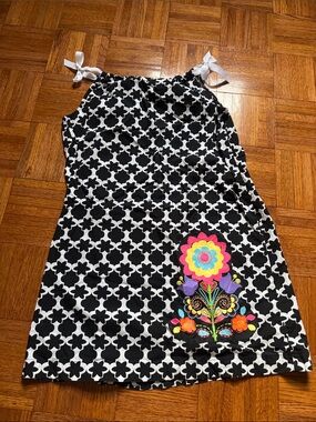Black & White Floral-Print Girls' Sundress with Colorful Embroidered Accent
